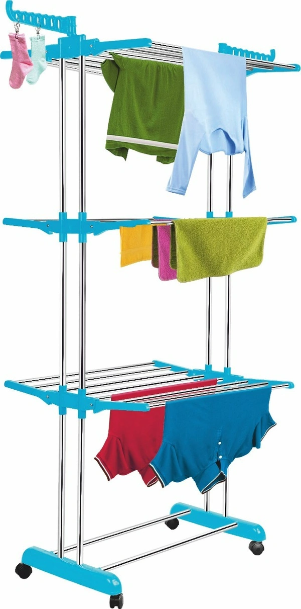 Simran Premium Heavy Duty Stainless Steel Foldable Cloth Drying Stand/ DIY Clothes Dryer Stands/Laundry Racks with Wheels for Indoor/Outdoor/Balcony (3 Tier) , Color as per availability